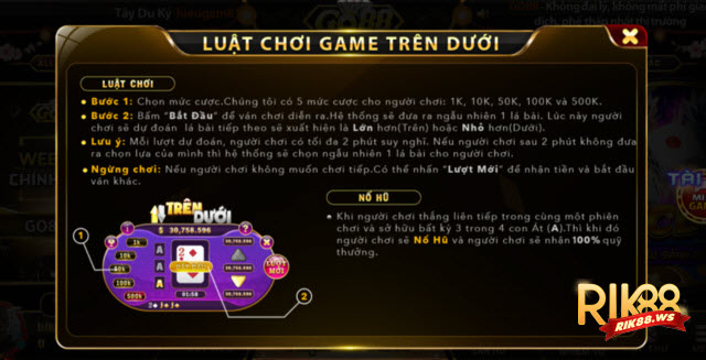 Luật chơi mini game Trên dưới Rik88 siêu đơn giản