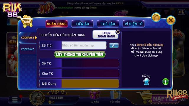 Đa dạng các hình thức nạp tiền ở sảnh chơi Rik88